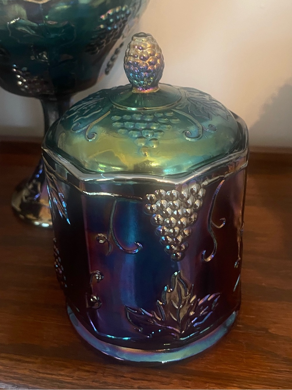 VTG Indiana Blue Carnival Glass Iridescent Harvest Grape Canister Biscuit Jar